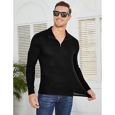 Mens Fall Casual Quarter Zip Sweater Pullover Knit Shirt Long Sleeve Stand Collar Stretch Top Blouse