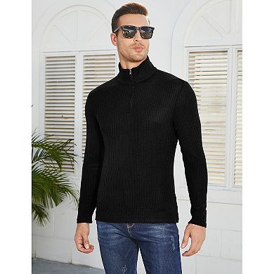 Mens Fall Casual Quarter Zip Sweater Pullover Knit Shirt Long Sleeve Stand Collar Stretch Top Blouse