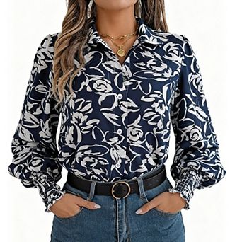 Women's Floral Print Color Contrast Puff Sleeve Notch Collar Shirt Blouse
