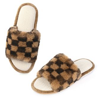 Women's Plush Slippers Checkered Pattern with Contrast Trim Cozy Non-Slip Flat Indoor House Shoes