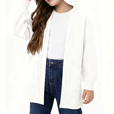 Girls' Waffle Knit Cardigan Long Sleeve Pocket Detail Open Front Sweater