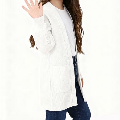 Girls' Waffle Knit Cardigan Long Sleeve Pocket Detail Open Front Sweater