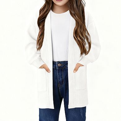 Girls' Waffle Knit Cardigan Long Sleeve Pocket Detail Open Front Sweater