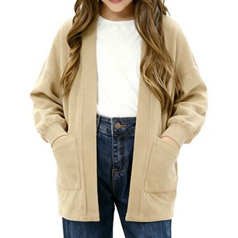 Girls' Waffle Knit Cardigan Long Sleeve Pocket Detail Open Front Sweater