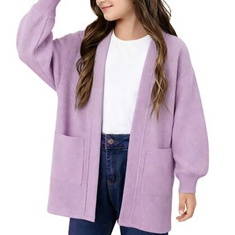 Girls' Waffle Knit Cardigan Long Sleeve Pocket Detail Open Front Sweater