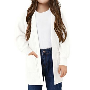 Girls' Waffle Knit Cardigan Long Sleeve Pocket Detail Open Front Sweater