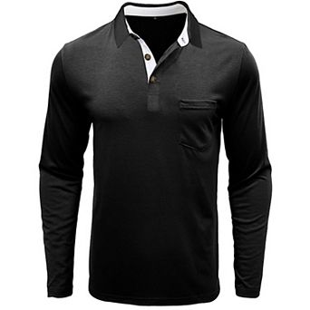 Men's Long Sleeve Polo Shirt Casual Button Down Collar Top With Pocket