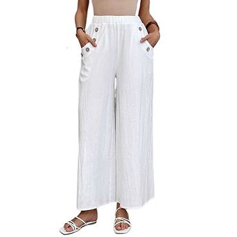 Women Loose Wide Leg Pants Hight Waist Elastic Casual Lounge Trousers Summer with Pockets