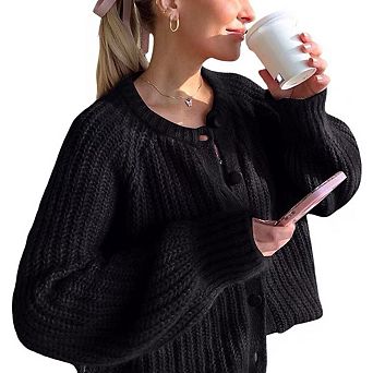 Women Button Front Cropped Sweater Cardigan Crew Neck Long Sleeve Knit Spring Fall Tops Streetwear