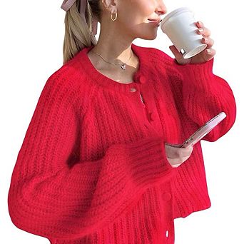 Women Button Front Cropped Sweater Cardigan Crew Neck Long Sleeve Knit Spring Fall Tops Streetwear