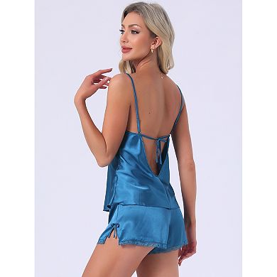 Women's Satin Loungewear Lace Silky Bow Spaghetti Strap V Neck Top with Split Shorts Pajama Set