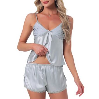 Women's Satin Loungewear Lace Silky Bow Spaghetti Strap V Neck Top with Split Shorts Pajama Set