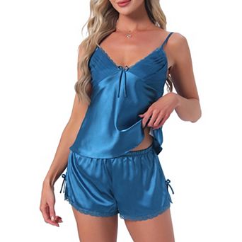 Women's Satin Loungewear Lace Silky Bow Spaghetti Strap V Neck Top with Split Shorts Pajama Set