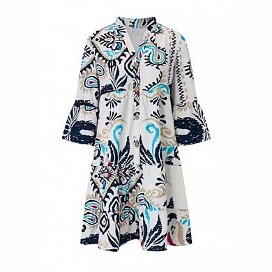 Womens 3/4 Sleeve Dresses Casual V Neck Print Button Flowy Boho Mini Beach Dress