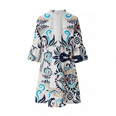 Womens 3/4 Sleeve Dresses Casual V Neck Print Button Flowy Boho Mini Beach Dress