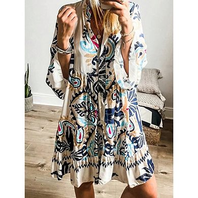 Womens 3/4 Sleeve Dresses Casual V Neck Print Button Flowy Boho Mini Beach Dress