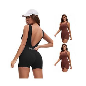 3 Packs Women's Workout Jumpsuits Backless Tummy Control Jumpsuits V Back Yoga Romper