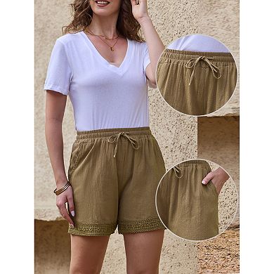 Women's Casual Summer Elastic High Waisted Drawstring Wide Leg Shorts with Pockets
