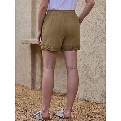 Women's Casual Summer Elastic High Waisted Drawstring Wide Leg Shorts with Pockets