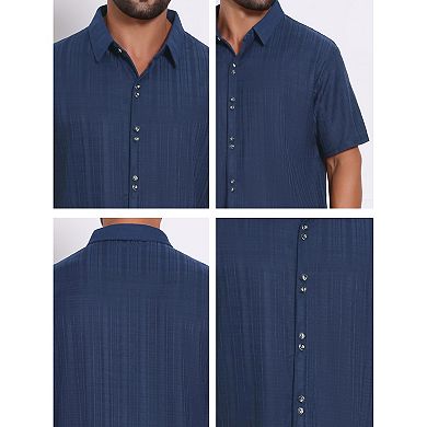 Men's Texture Shirts Short Sleeve Button Down Solid Casual Knitted Shirt