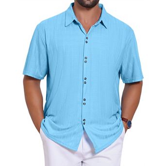 Men's Texture Shirts Short Sleeve Button Down Solid Casual Knitted Shirt