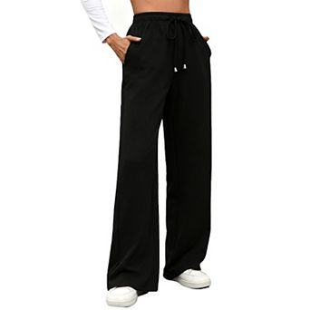Women's High-Waisted Wide Leg Pants Drawstring Waist Straight Cut Trousers with Pockets