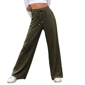 Women's High-Waisted Wide Leg Pants Drawstring Waist Straight Cut Trousers with Pockets