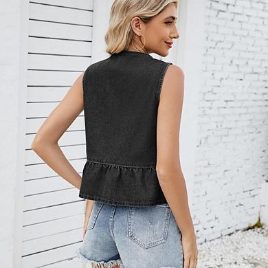 Women's Denim Sleeveless Casual Vest Open Front Tie Front Cute Jean Vest Top