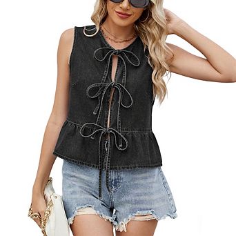 Women's Denim Sleeveless Casual Vest Open Front Tie Front Cute Jean Vest Top
