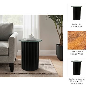 16 in. Round Wood Ribbed Accent Table with Marble Top