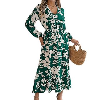 Women's Floral Print Dress Long-Sleeve V-Neck Elegant Causal Autumn Winter Mid Dresses with Pockets