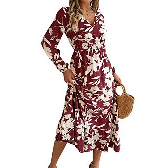Women's Floral Print Dress Long-Sleeve V-Neck Elegant Causal Autumn Winter Mid Dresses with Pockets