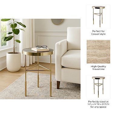 14 in. Round Travertine Top Slim Frame End Table