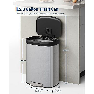 Stainless Steel Step Trash Can, 16 Gal Kitchen Bin with Soft Close Lid & Liner Rim