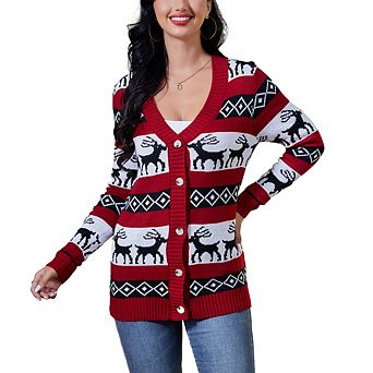 Women's Christmas Print Cardigan Long Sleeve Open Front Sweater Jacket