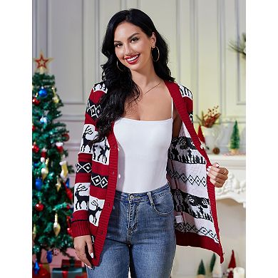 Women's Christmas Print Cardigan Long Sleeve Open Front Sweater Jacket