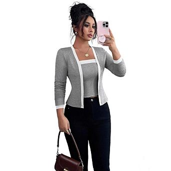 Women's 2 pc Knit Cardigan & Tank Top Set Slim-Fit Long Sleeve Crop Jacket