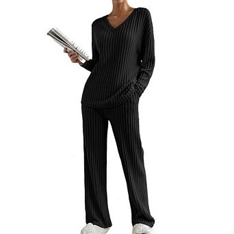 Women's 2 pc Pajama Sets Long Sleeve Short Sleeve Lounge Sets Ribbed Knit Sweater Sleepwear