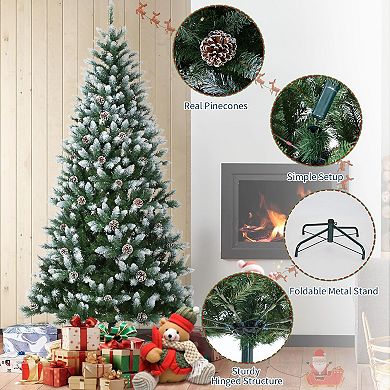Pre-Decorated Flocked Artificial Christmas Tree with Warm White LEDs, Pine Cones & Easy Assembly