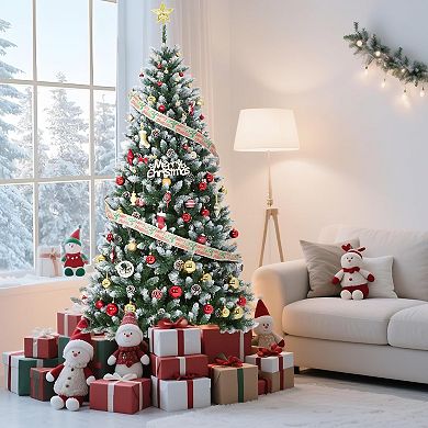 Pre-Decorated Flocked Artificial Christmas Tree with Warm White LEDs, Pine Cones & Easy Assembly