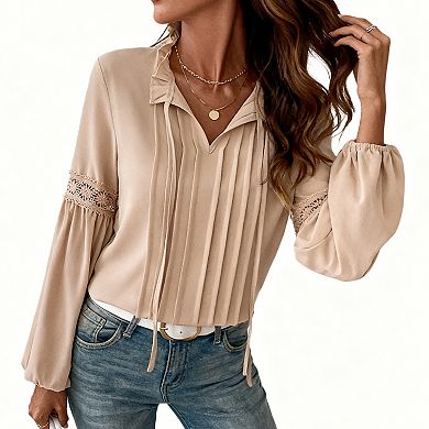 Women's Elegant V-Neck Tie Neck Ruffle Detail Long Sleeve Top Blouse