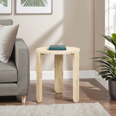 22" Louva Carved Travertine Accent Table