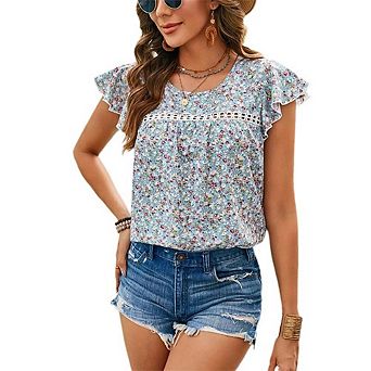 Women's Bohemian Short Sleeve Blouse Floral Print Lace Trim Flounce Hem Tops for Summer Vacation