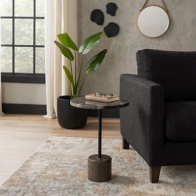 15 in. Round Marble Top Petrified Wood End Table