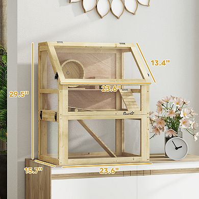 PawHut 3 Tiers Wooden Hamster Cage w/ Detachable Bottom, 24inch x 16inch x 29.5inch