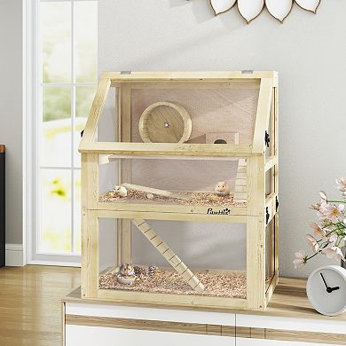 PawHut 3 Tiers Wooden Hamster Cage w/ Detachable Bottom, 24inch x 16inch x 29.5inch