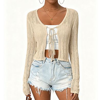 Women's Lightweight Tie-Front Cardigan Long Sleeve Draped Knit Cover-Up