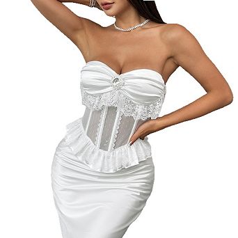 Women's Lace Trimmed Backless Bustier Top Sheer Mesh Corset Style Camisole for Party