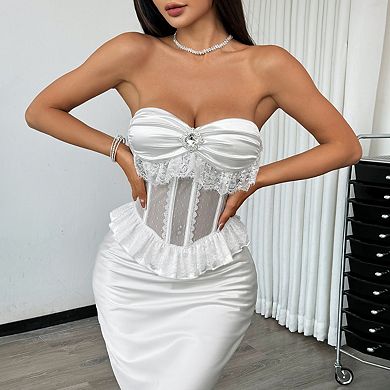 Women's Lace Trimmed Backless Bustier Top Sheer Mesh Corset Style Camisole for Party
