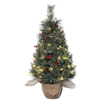 Pre-Lit Mini Snow Flocked Christmas Tree, 78 LED Lights, Red Berries & Pine Cones